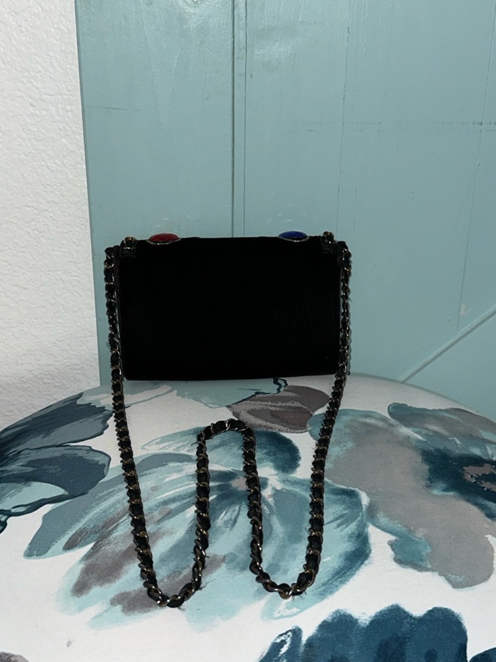 MAGID - Hand Made, Black Velvet Evening Clutch with Multicolor Gem Accents - Picture 8 of 11